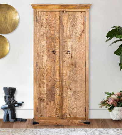 Rustic Honey Wooden HandCarved Wardrobe & Almirah