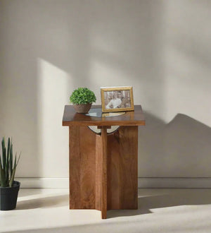 Rustic Horizon Wood Side Table In Rustic Teak Finish With Glass Top