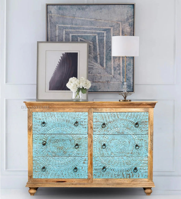Rustic Natural Green Solid wood HandCarved Console & Side Table