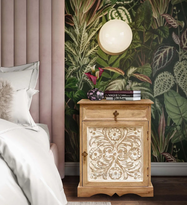 Rustic Natural Solid wood HandCarved Bedside Table for Bed
