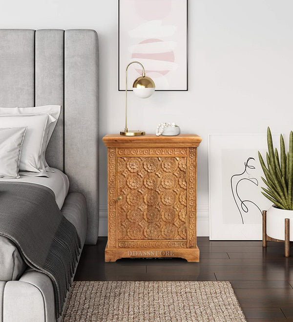 Rustic Natural Solid wood HandCarved Bedside Table for Bed