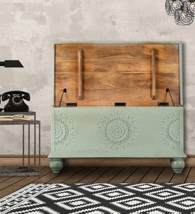 Rustic Olive Green Solid wood HandCarved Decorative Wooden Trunk & Storage Box