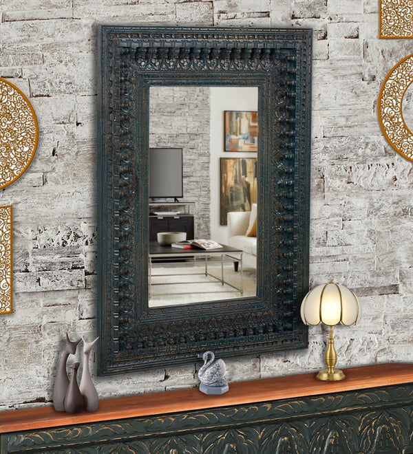 Rustic Walnut Wooden Hand Carved Dresser & Wall Mirror