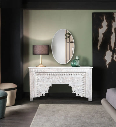 Rustic White Solid wood HandCarved Console & Side Table