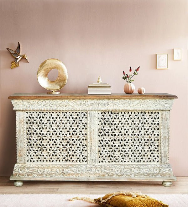 Rustic White Solid wood HandCarved Console & Side Table