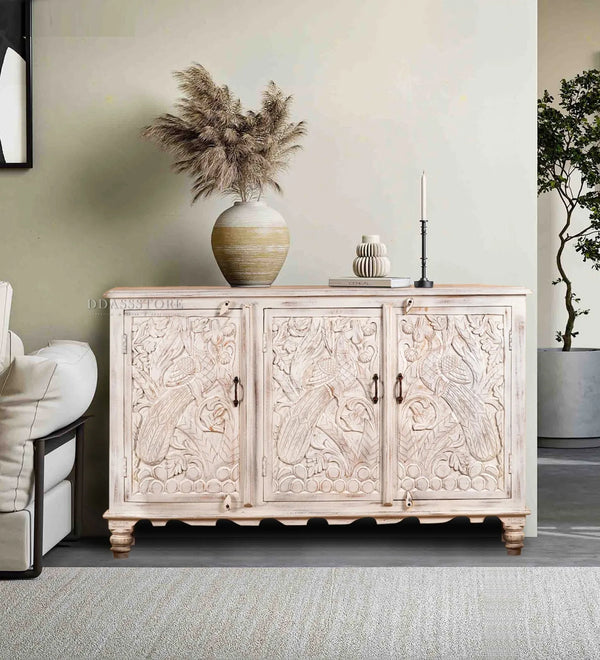 Rustic White Solid wood HandCarved Console & Side Table