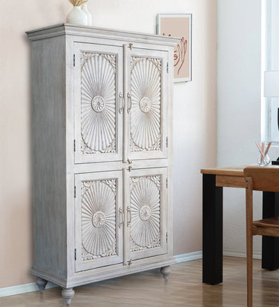 Rustic White Wooden HandCarved Wardrobe & Almirah