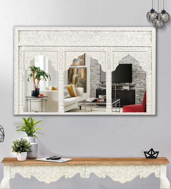 Rustic White Wooden Hand Carved Dresser & Wall Mirror