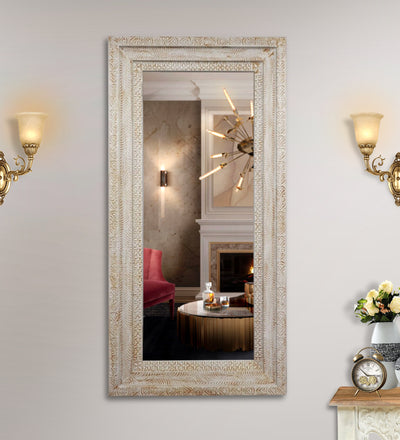 Rustic White Wooden Hand Carved Dresser & Wall Mirror