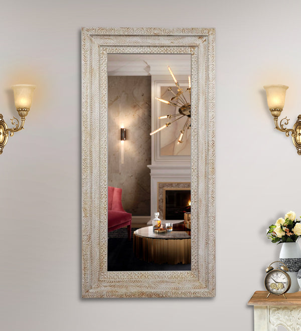 Rustic White Wooden Hand Carved Dresser & Wall Mirror