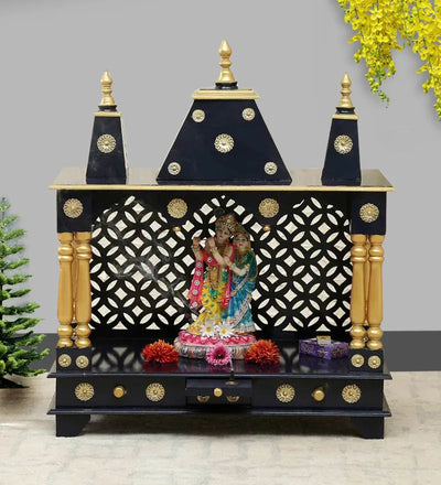 Sheesham MDF Blue Red Wooden Pooja Temple For Office