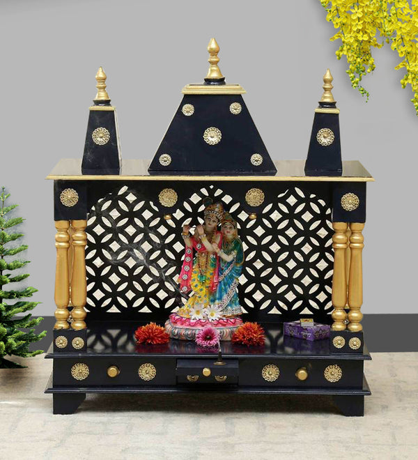 Sheesham MDF Blue Red Wooden Pooja Temple For Office