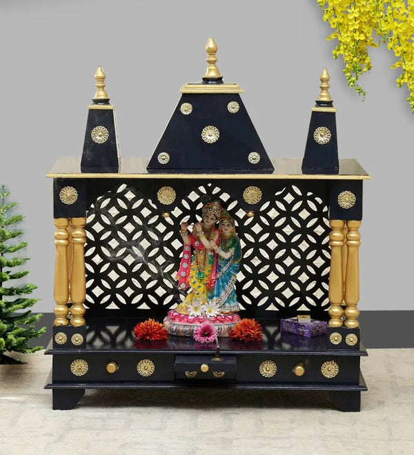 Sheesham MDF Blue Red Wooden Pooja Temple For Office