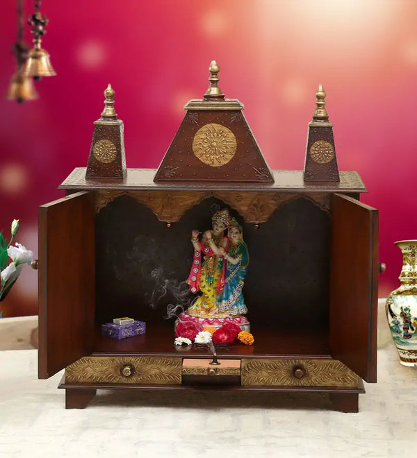 Sheesham MDF Copper Wooden Pooja Temple For Office