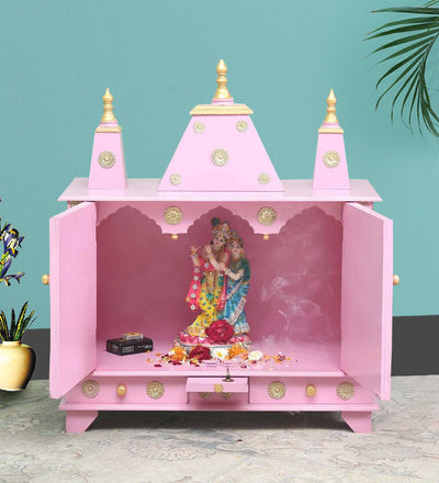 Sheesham MDF Pink Wooden Pooja Temple For Office