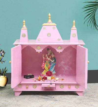 Sheesham MDF Pink Wooden Pooja Temple For Office