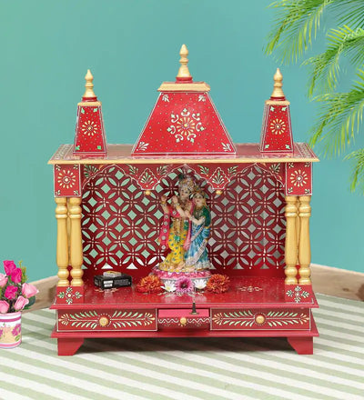 Sheesham MDF Red Wooden Pooja Temple For Office