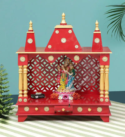Sheesham MDF Red Wooden Pooja Temple For Office