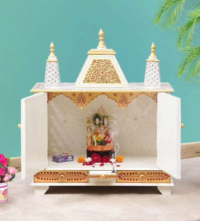 Sheesham MDF White Wooden Pooja Temple For Office