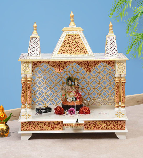 Sheesham MDF White Wooden Pooja Temple For Office