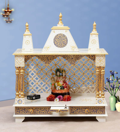 Sheesham MDF White Wooden Pooja Temple For Office