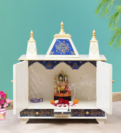 Sheesham MDF White Wooden Pooja Temple For Office