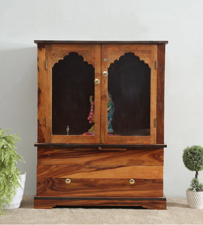 Sheesham Wood Veneer Big Wooden Pooja Mandir With Door For Home & Office
