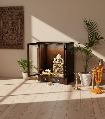 Sheesham Wood Veneer Big Wooden Pooja Mandir With Door For Home & Office |DDASSWT_EW_3212DARK