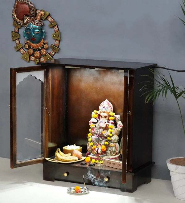 Sheesham Wood Veneer Big Wooden Pooja Mandir With Door For Home & Office