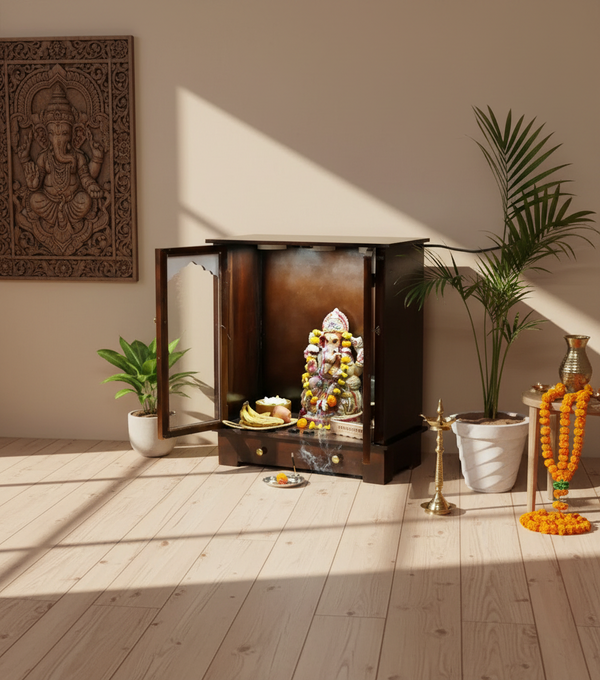 Sheesham Wood Veneer Big Wooden Pooja Mandir With Door For Home & Office |DDASSWT_EW_3212DARK