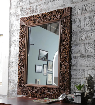 Solid wood ethnic Dark Polish Wall Mirror for home