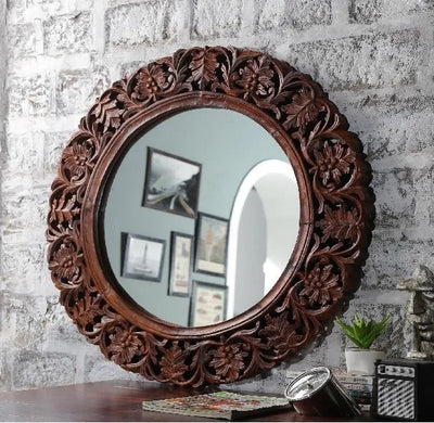 Solid wood ethnic Dark Polish Wall Mirror for home