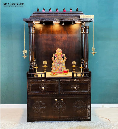 South Indian Style Solid Sheesham Wood Pooja Mandapam with Cabinet
