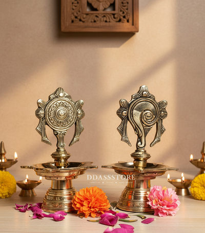 Traditional Brass Balaji Shankh Chakra Diya for Home Temple (Pair of 2)| DDASSBR11