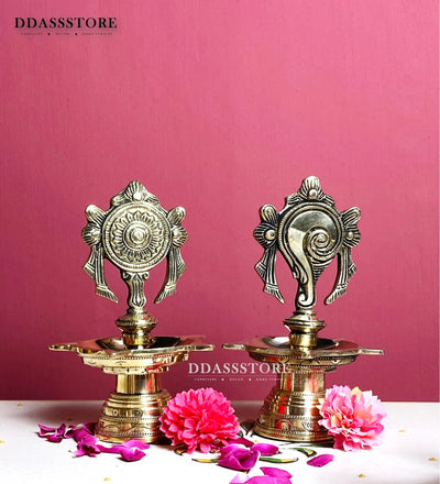 Traditional Brass Balaji Shankh Chakra Diya for Home Temple (Pair of 2)