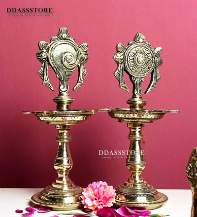 Traditional Brass Vishnu Shankh Chakra Standing Diya Lamp