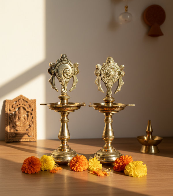 Traditional Brass Vishnu Shankh Chakra Standing Diya Lamp | DDASSBR14