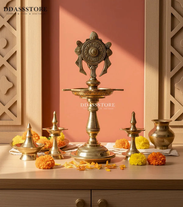 Traditional Brass Vishnu Shankh Chakra Standing Diya Lamp for Home Temple | DDASSBR12 - D'DASS Store