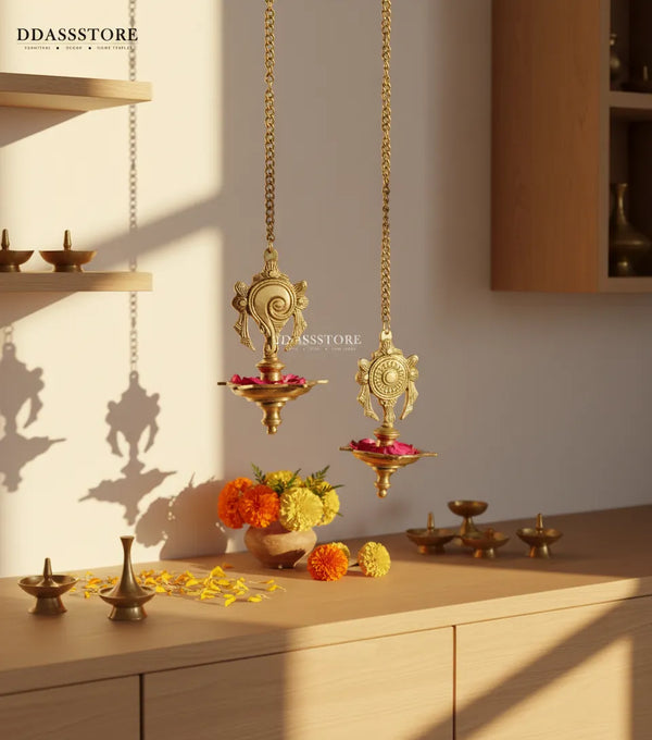 Traditional Brass Vishnu Shankh Chakra Hanging Diya Lamp | DDASSBR15 - D'DASS Store