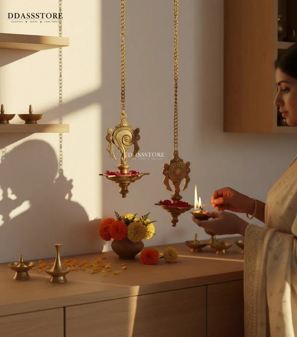 Traditional Brass Vishnu Shankh Chakra Hanging Diya Lamp | DDASSBR15 - D'DASS Store