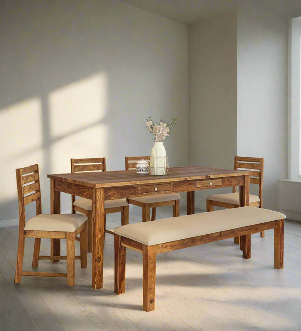 Vintage Teak Banquet  Wood 6 Seater Dining Set