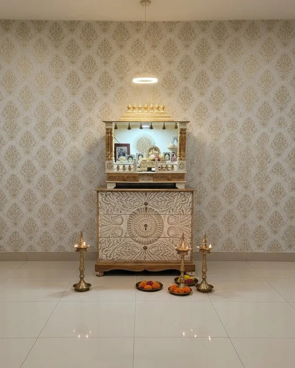 Big Sheesham MDF White Wooden Pooja Temple for Home | DDASSWT3211BG - D'DASS Store