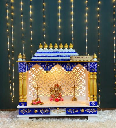 White Blue Hand Painted Big Wooden LED Pooja Mandir