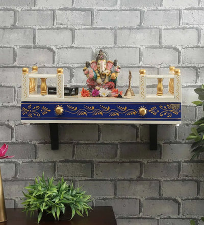 White&Blue Wall Hanging Wooden Home Shelf temple for Pooja | Ganesh Chaturthi