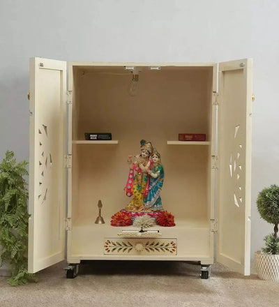 White & Gold MDF Sheesham Big Wooden Pooja Cabinet With Door For Home & Office | Navratri Special