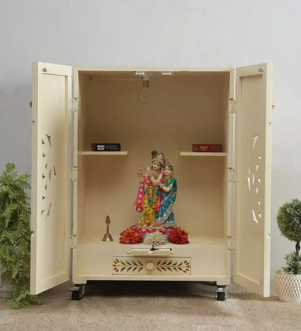 White & Gold MDF Sheesham Big Wooden Pooja Cabinet With Door For Home & Office | Navratri Special