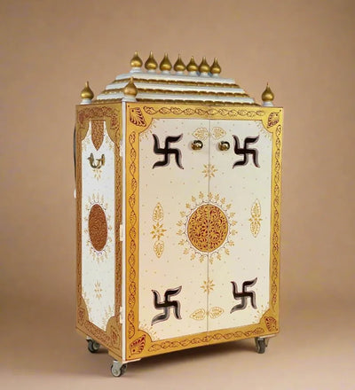 White & Gold MDF Sheesham Big Wooden Pooja Cabinet With Gopuram