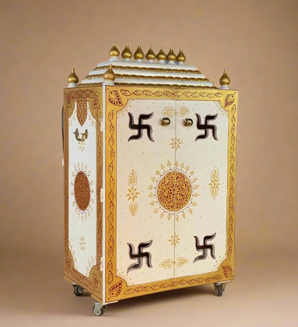 White & Gold MDF Sheesham Big Wooden Pooja Cabinet With Gopuram