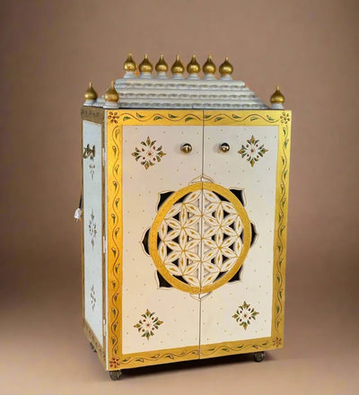 White & Gold MDF Sheesham Big Wooden Pooja Cabinet With Gopuram
