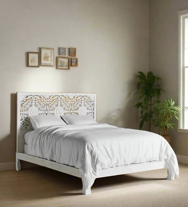 White Morocco Solid Wood King & Queen Size Bed